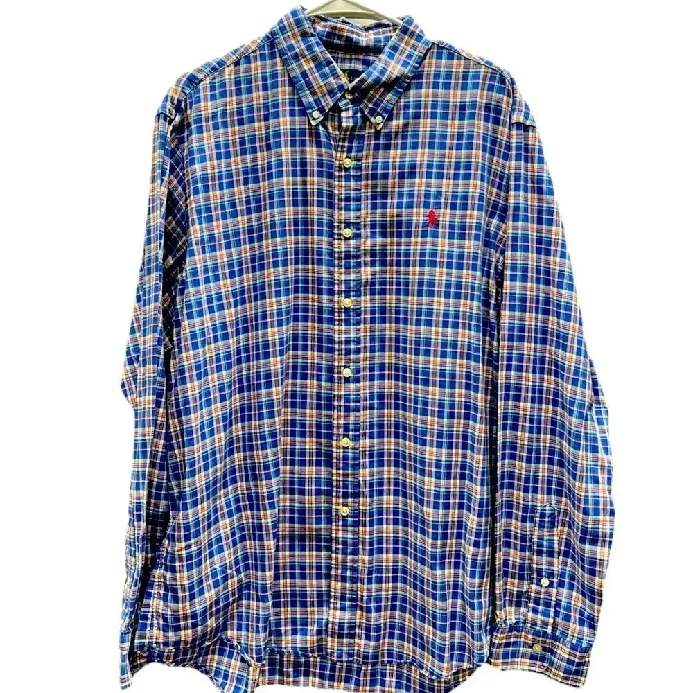 Polo Ralph Lauren Long Sleeve Mens XL Shirt Red Blue Yellow Pony Plaid Cotton